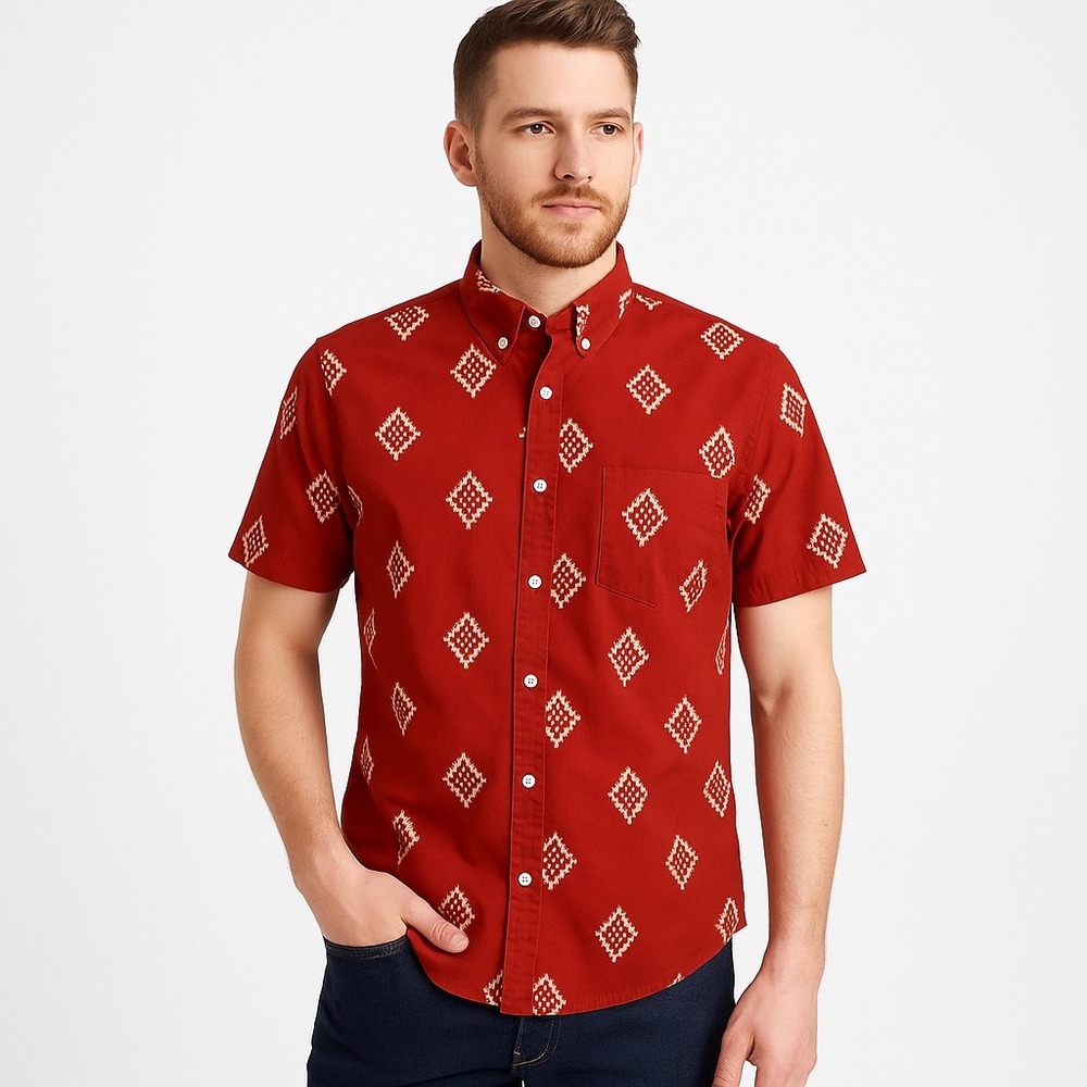 Banana‎ Republic Mens Slim Fit Short Sleeve Button Down Diamond Print Shirt